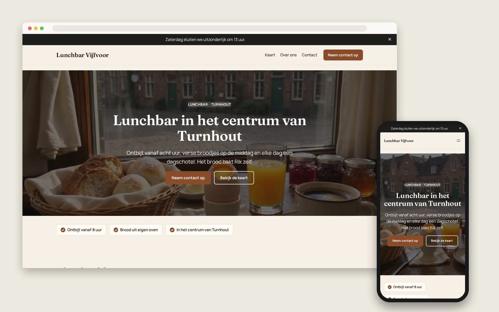 De website van Lunchbar Vijfvoor op computer en gsm