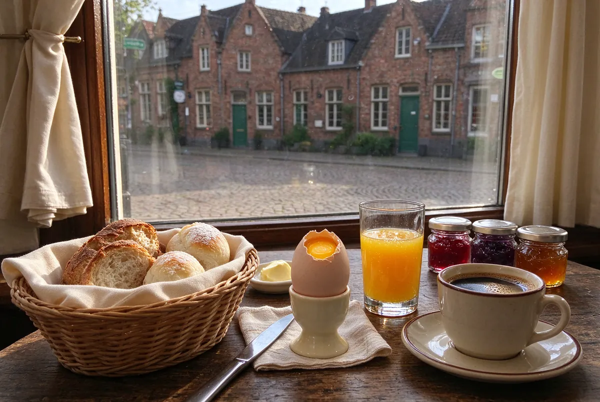 Ontbijt met vers brood, een eitje en koffie aan het raam van een lunchbar