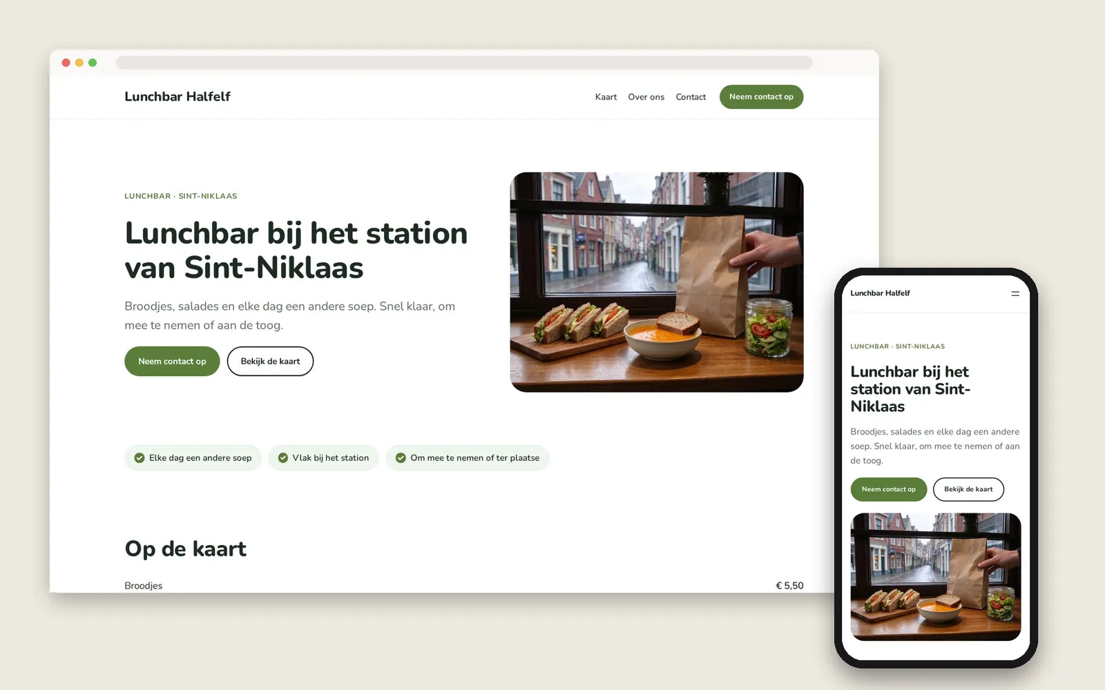 De website van Lunchbar Halfelf op computer en gsm