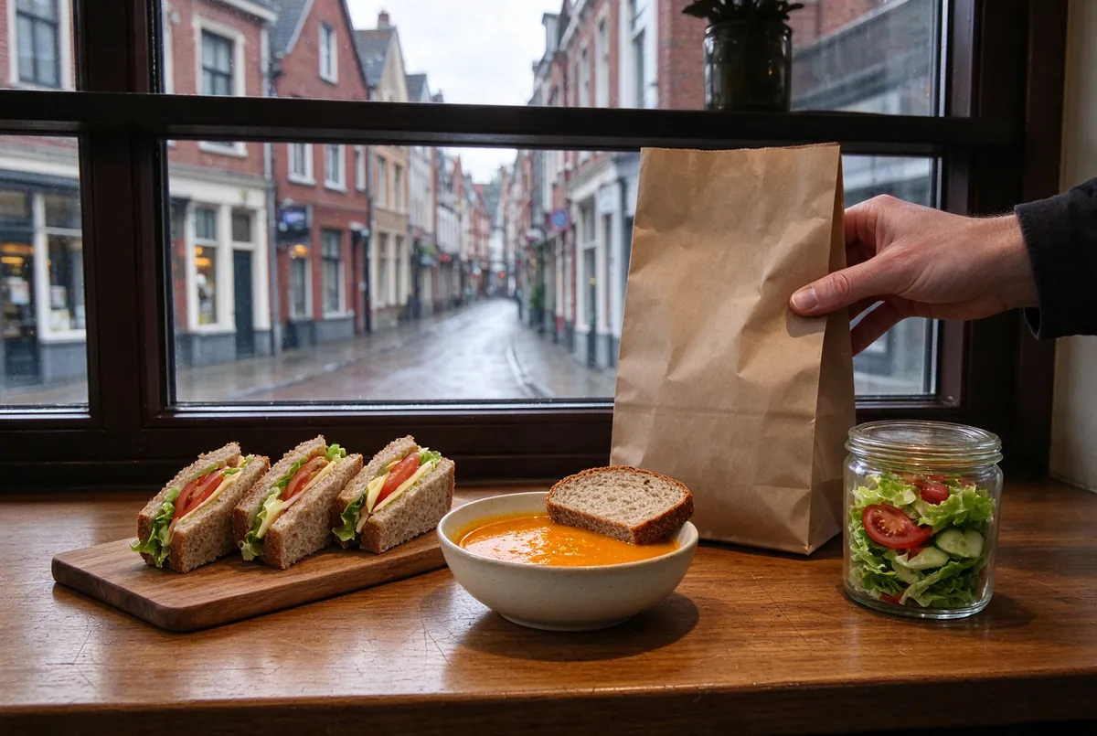 Belegde broodjes en een kom soep op de toog van een kleine lunchbar
