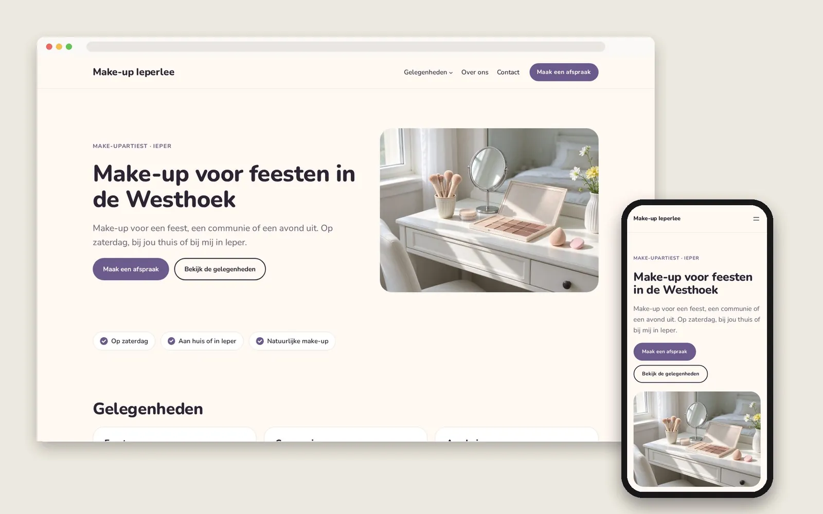De website van Make-up Ieperlee op computer en gsm