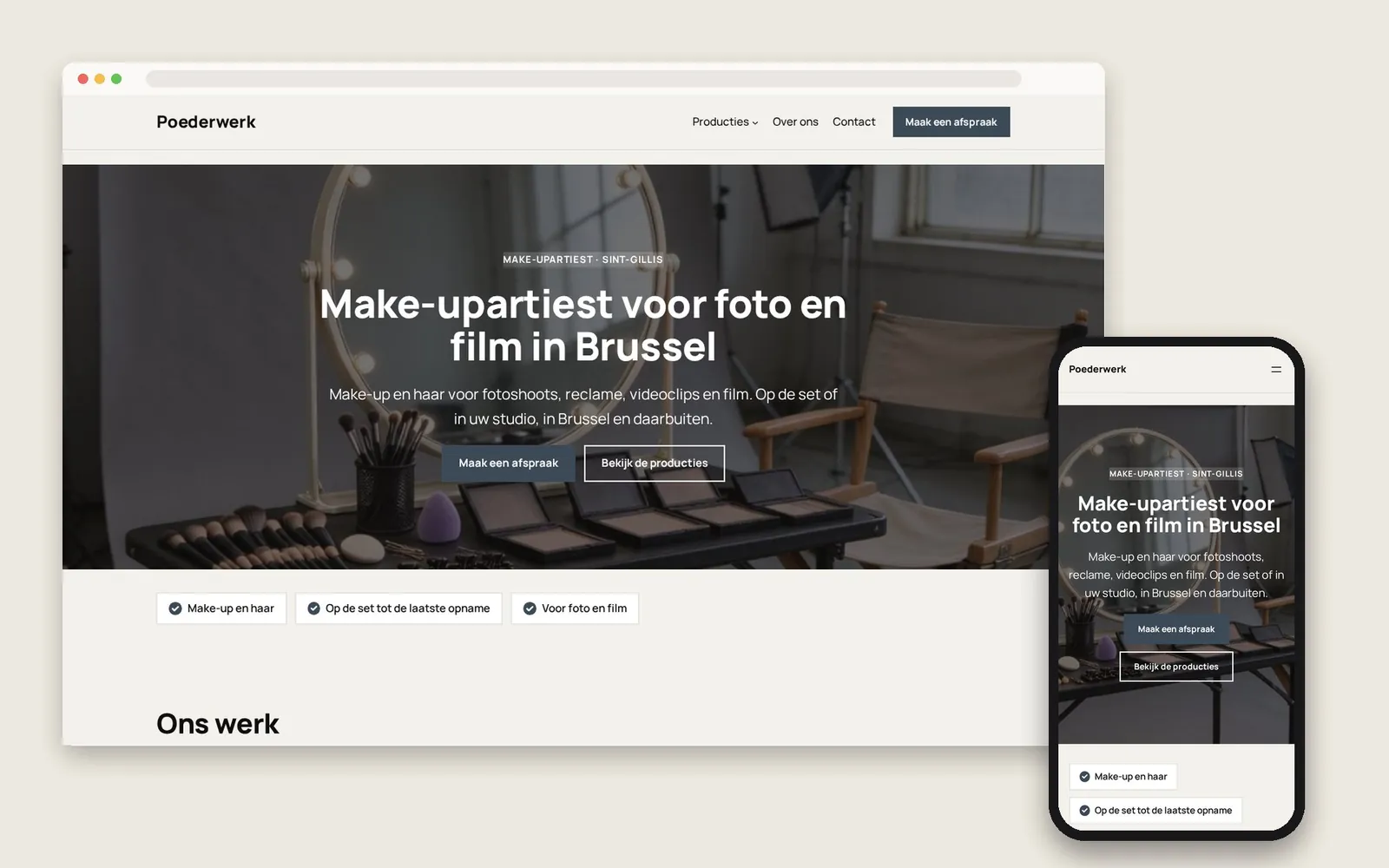 De website van Poederwerk op computer en gsm