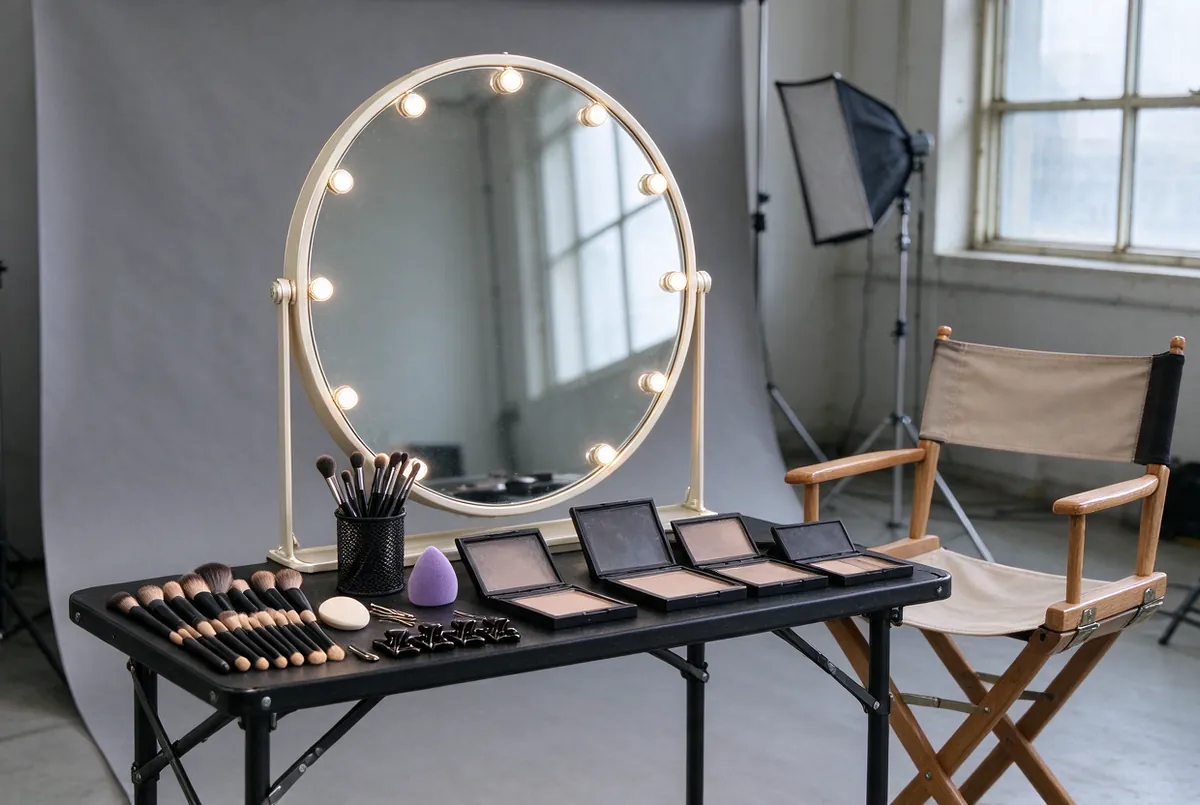 Make-uptafel op een fotoset, met penselen en een spiegel met lampen