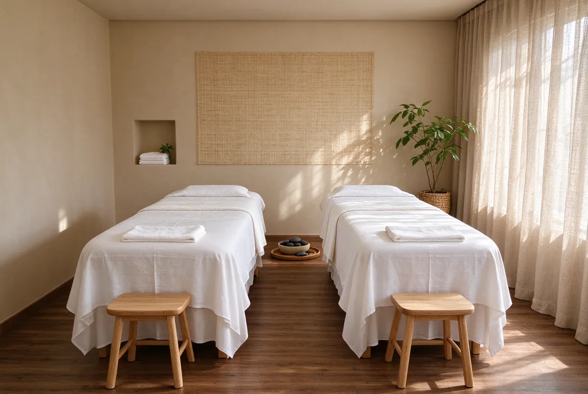 Massageruimte met twee massagetafels en gedempt licht