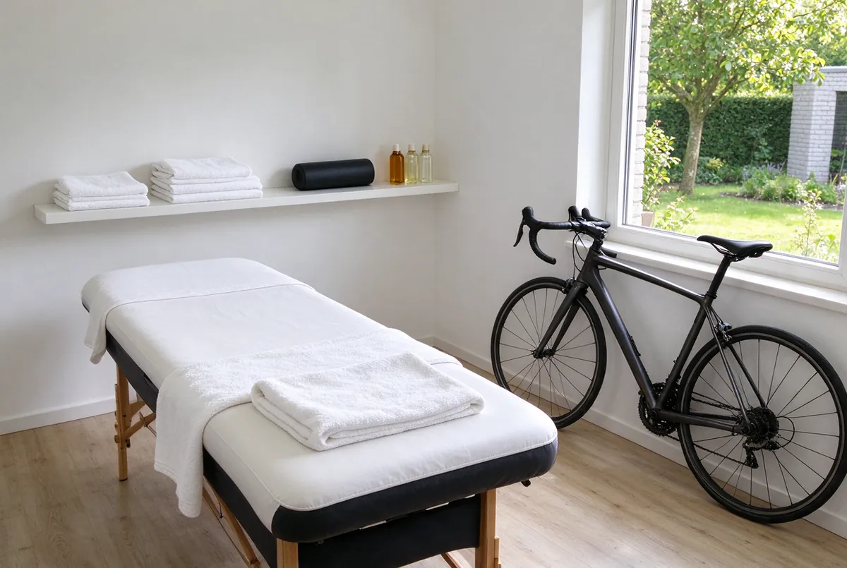 Massagetafel in een sobere ruimte, met een koersfiets tegen de muur