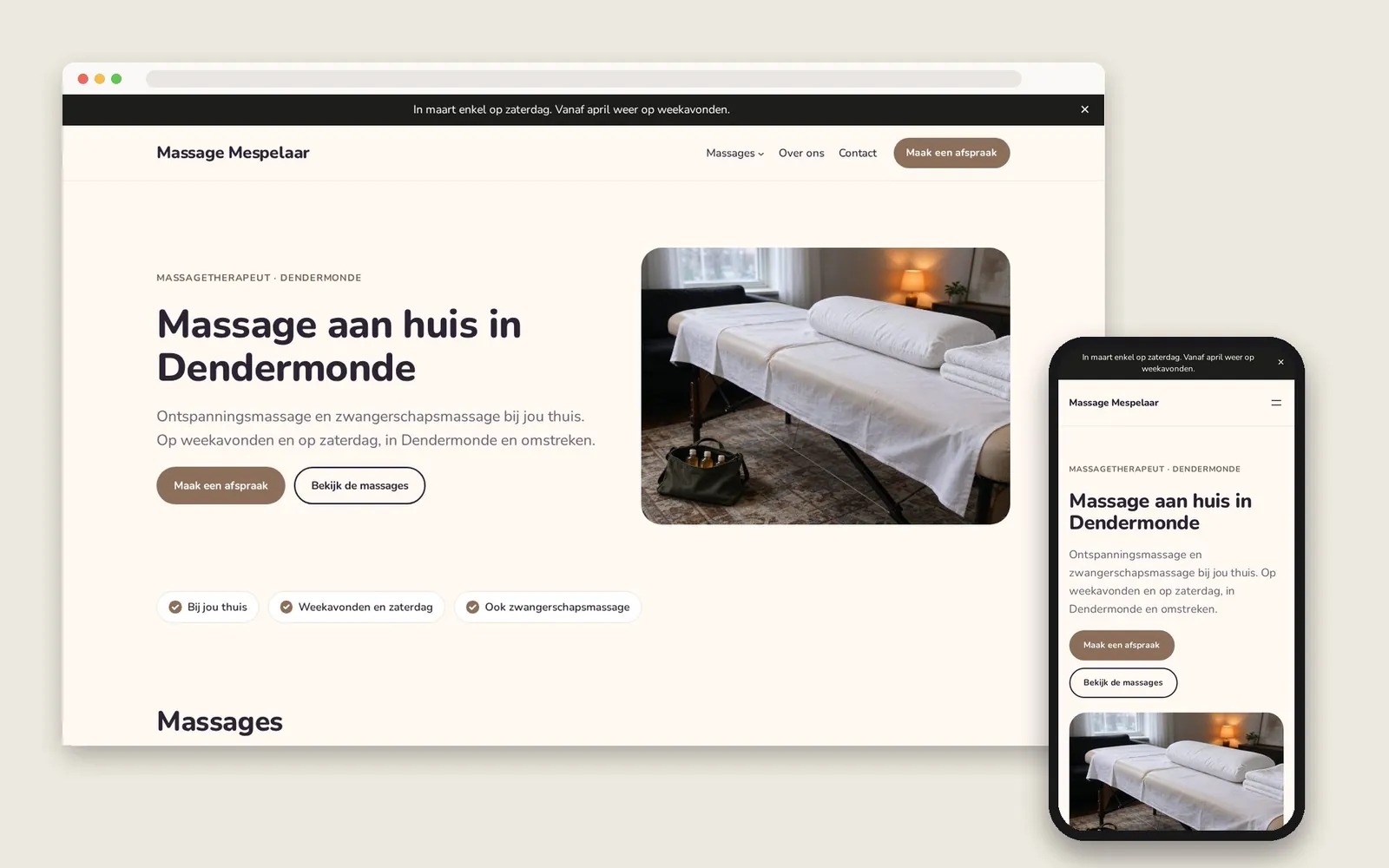 De website van Massage Mespelaar op computer en gsm