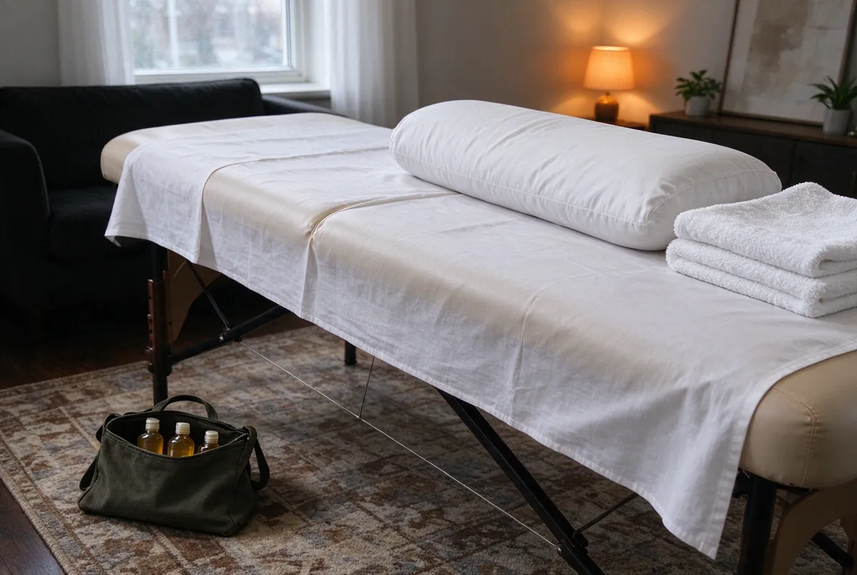 Plooibare massagetafel klaar in een woonkamer