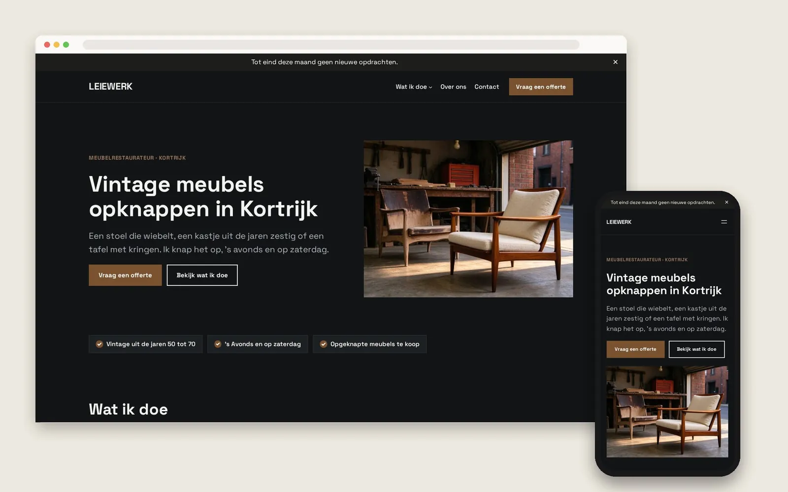De website van Leiewerk op computer en gsm