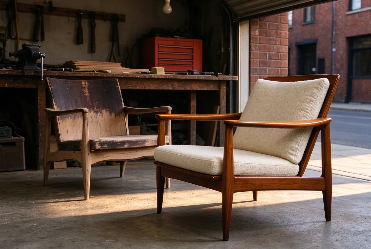 Opgeknapte vintage stoel met teakhouten armleuningen