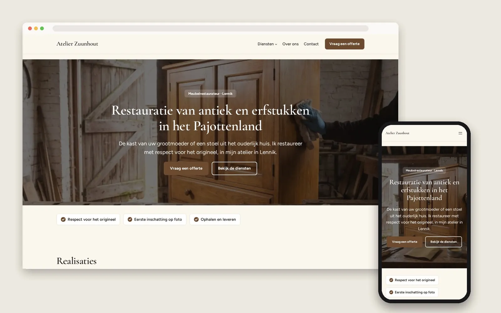 De website van Atelier Zuunhout op computer en gsm
