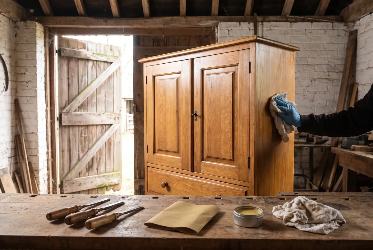 Gerestaureerde eiken kast in een atelier