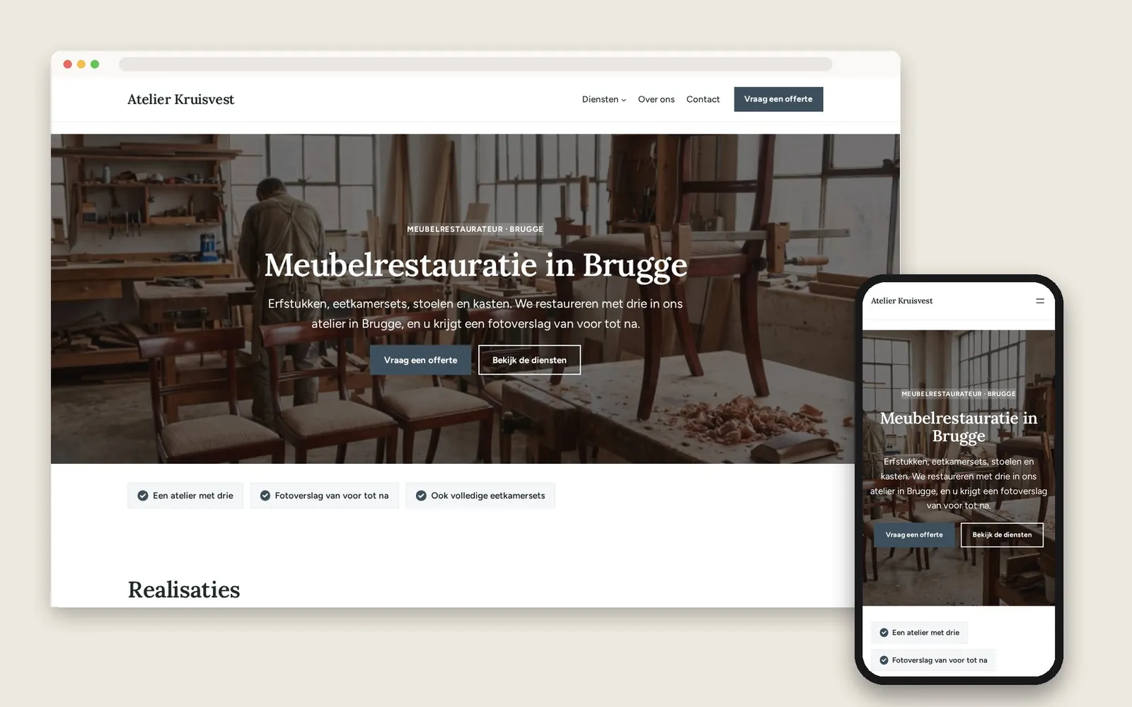 De website van Atelier Kruisvest op computer en gsm
