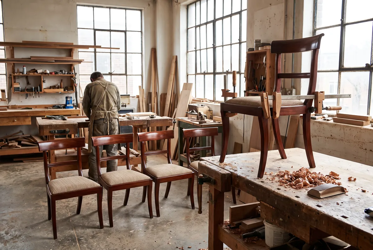 Gerestaureerde eetkamerstoelen in een atelier