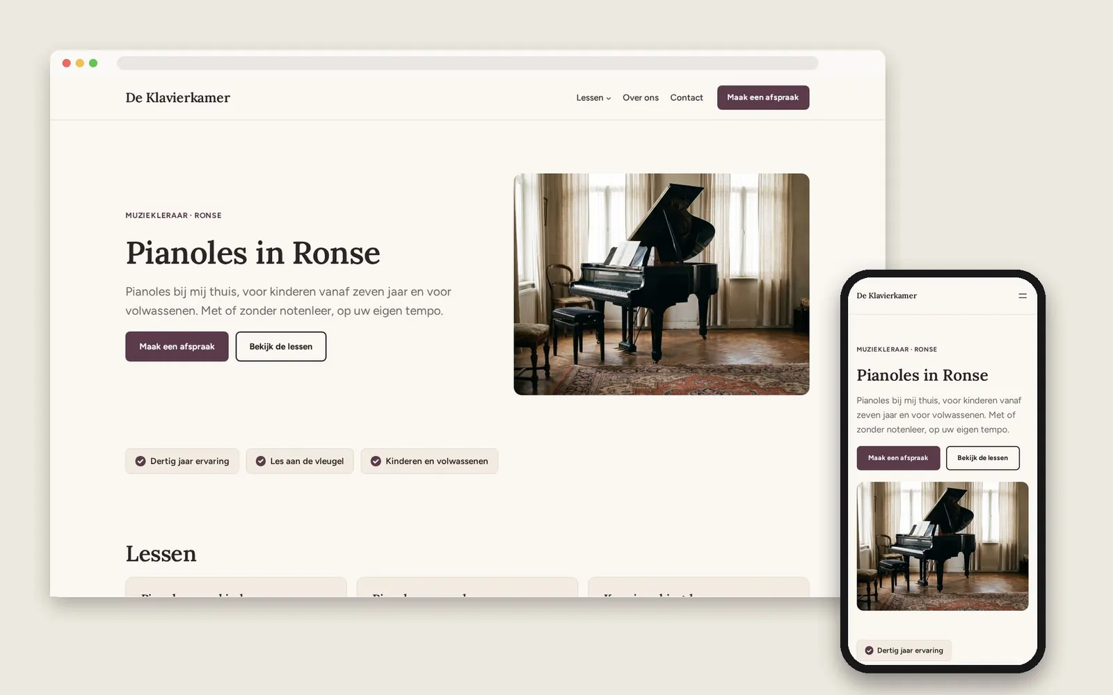De website van De Klavierkamer op computer en gsm