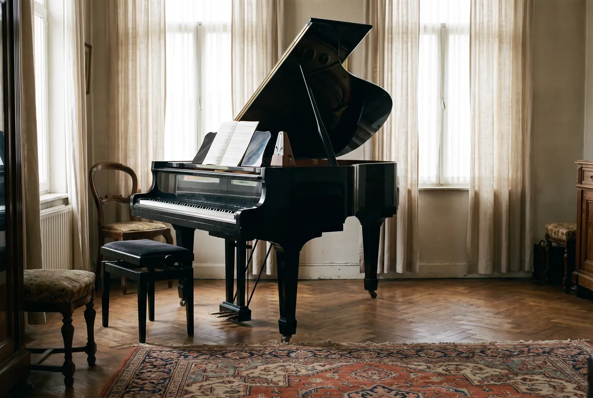 Vleugelpiano in een voorkamer met bladmuziek