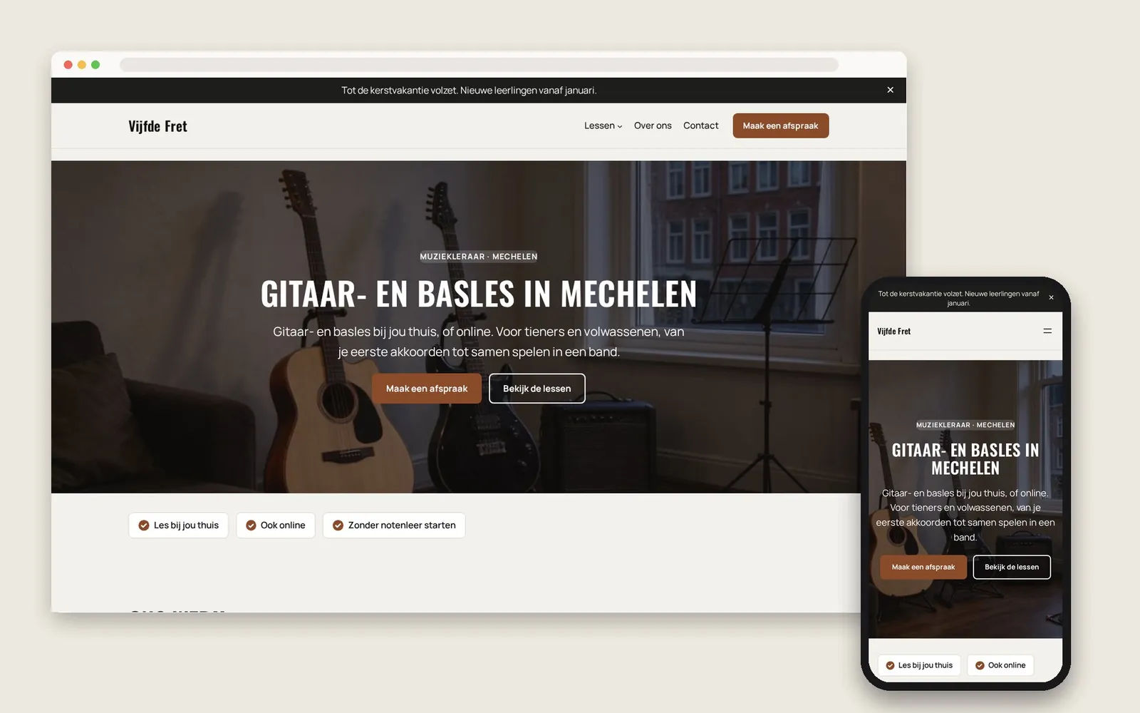 De website van Vijfde Fret op computer en gsm