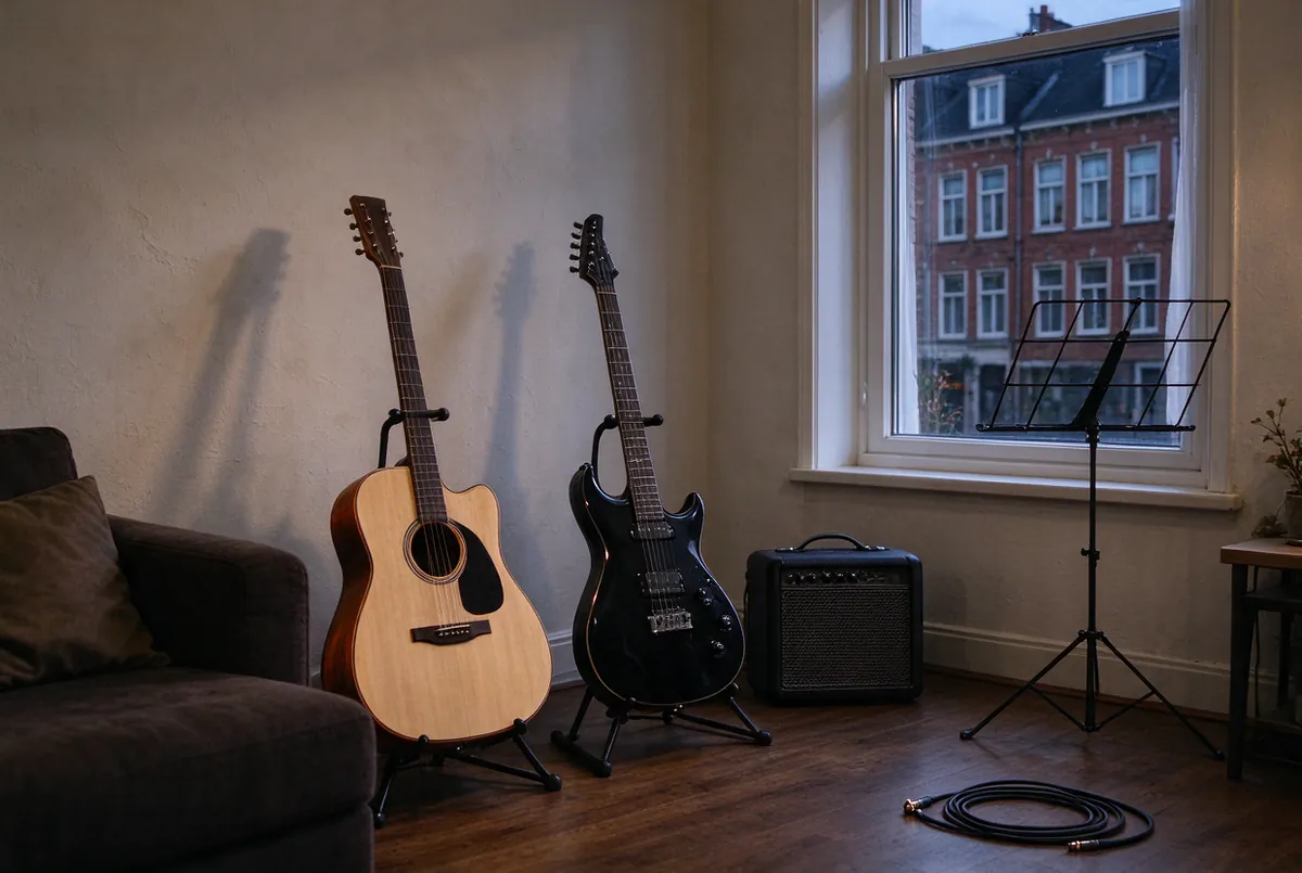 Gitaren en een kleine versterker in een woonkamer