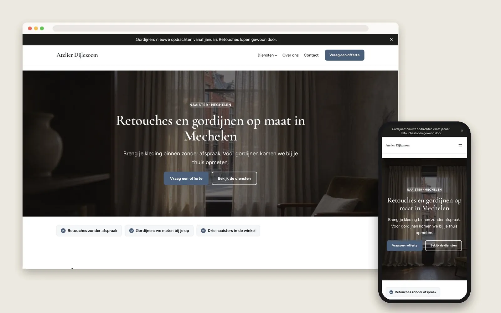 De website van Atelier Dijlezoom op computer en gsm