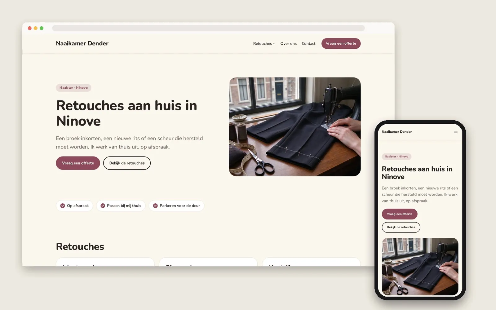 De website van Naaikamer Dender op computer en gsm