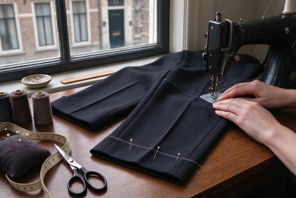 Broek met spelden aan de naaimachine