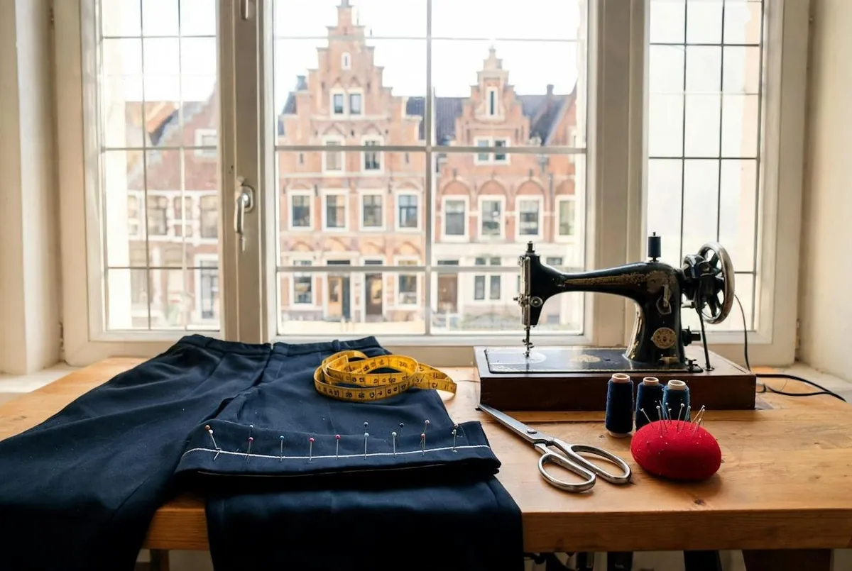 Broek met spelden aan de naaimachine
