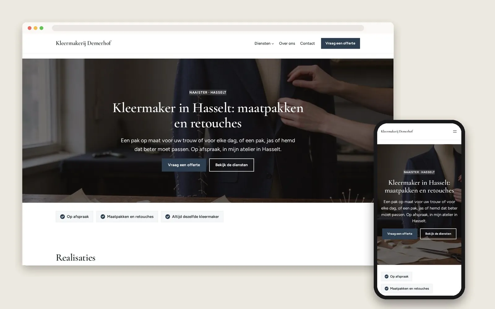 De website van Kleermakerij Demerhof op computer en gsm
