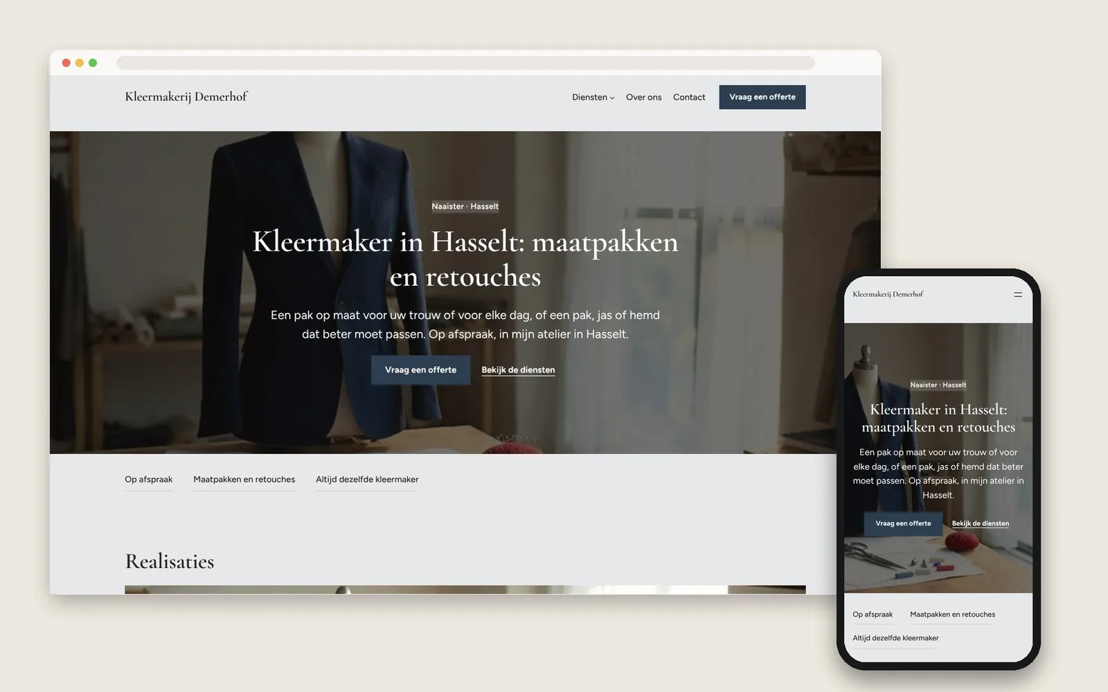 De website van Kleermakerij Demerhof op computer en gsm