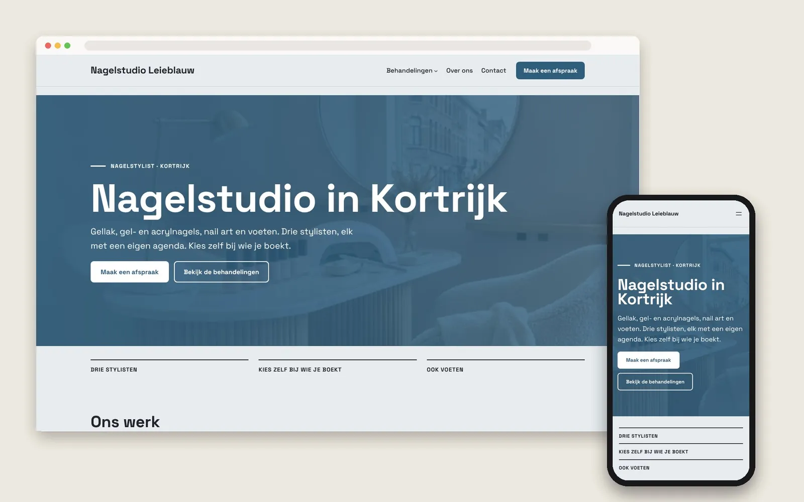 De website van Nagelstudio Leieblauw op computer en gsm