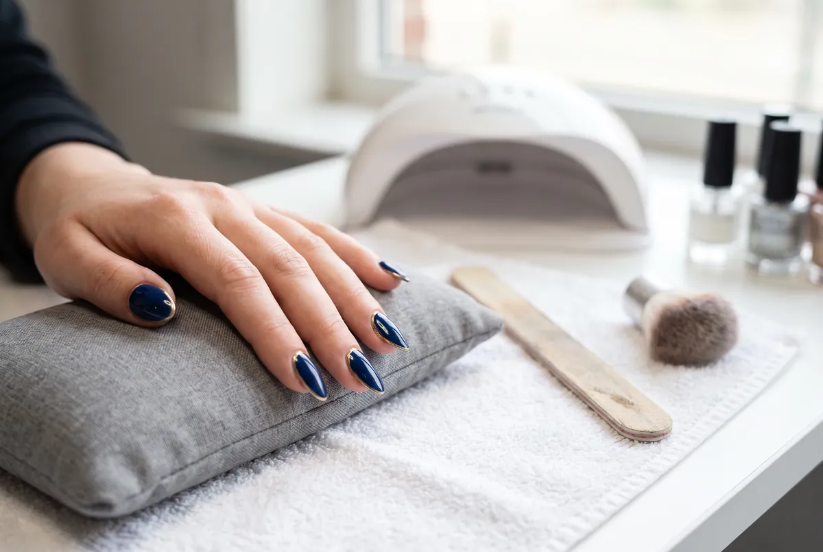 Amandelvormige gelnagels in diepblauw met een fijne gouden lijn