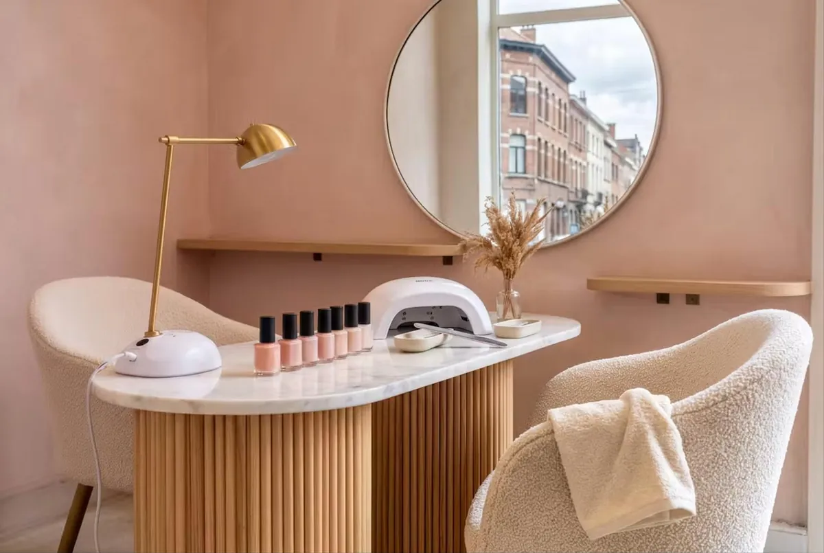 Werktafel in de nagelstudio met nagellak en een nagellamp