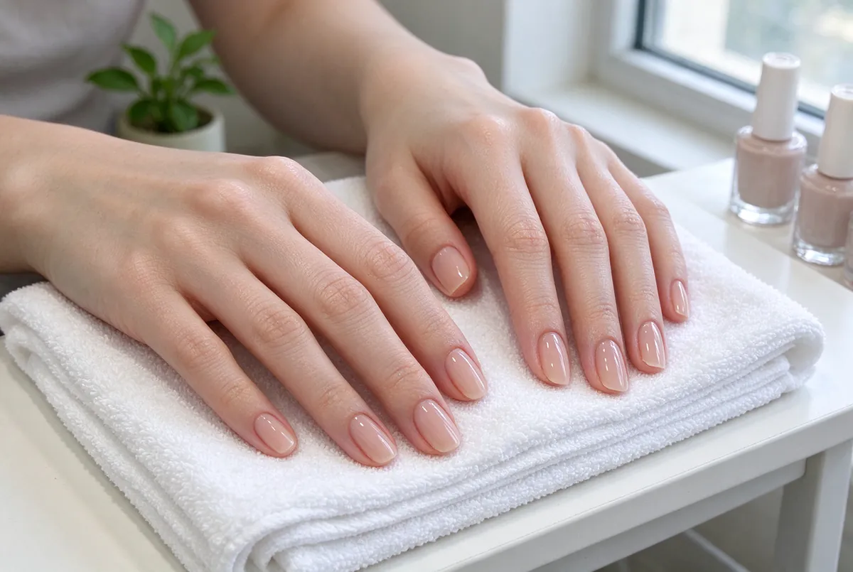 Gellak in een zachte nude tint op korte, ronde nagels