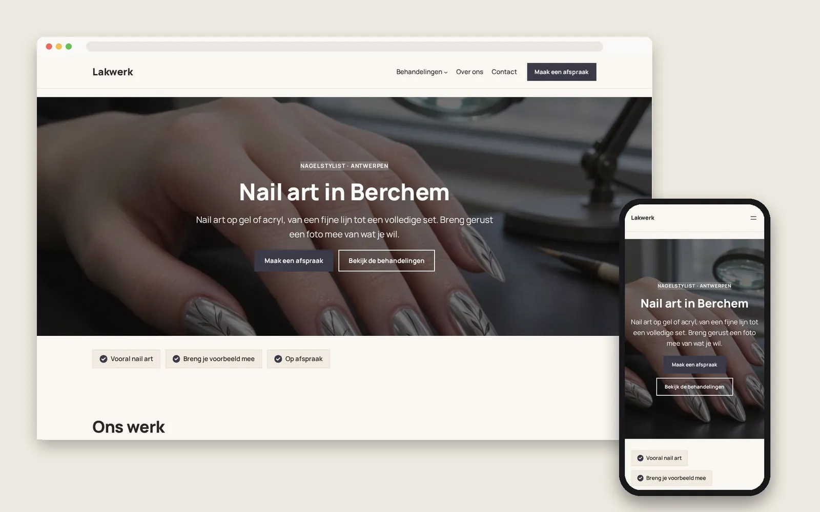 De website van Lakwerk op computer en gsm