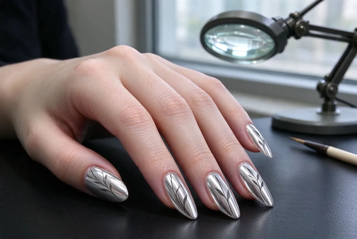 Lange amandelnagels in chroom met fijne zwarte lijnen