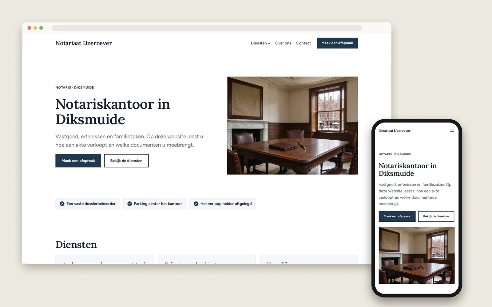 De website van Notariaat IJzeroever op computer en gsm