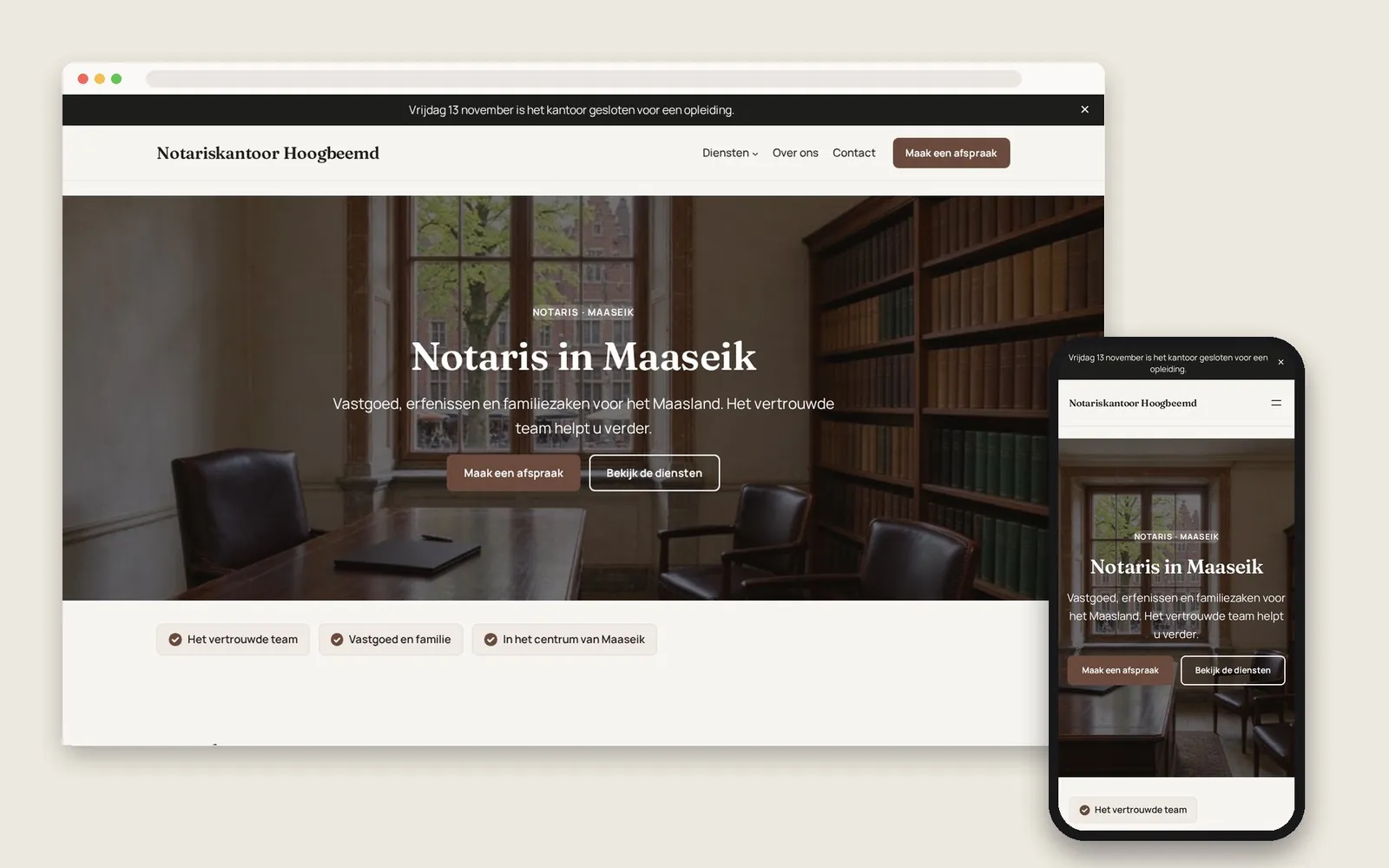 De website van Notariskantoor Hoogbeemd op computer en gsm