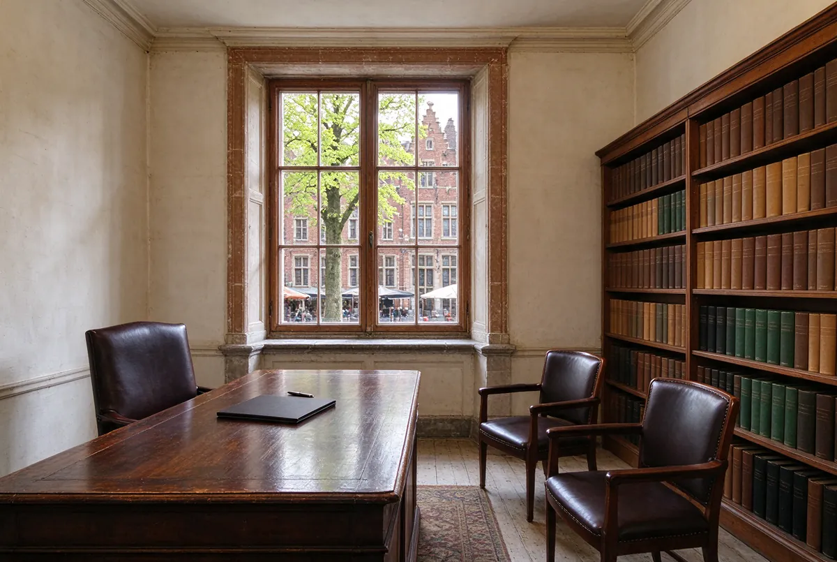 Kantoor van een notaris met een groot bureau en zicht op een marktplein