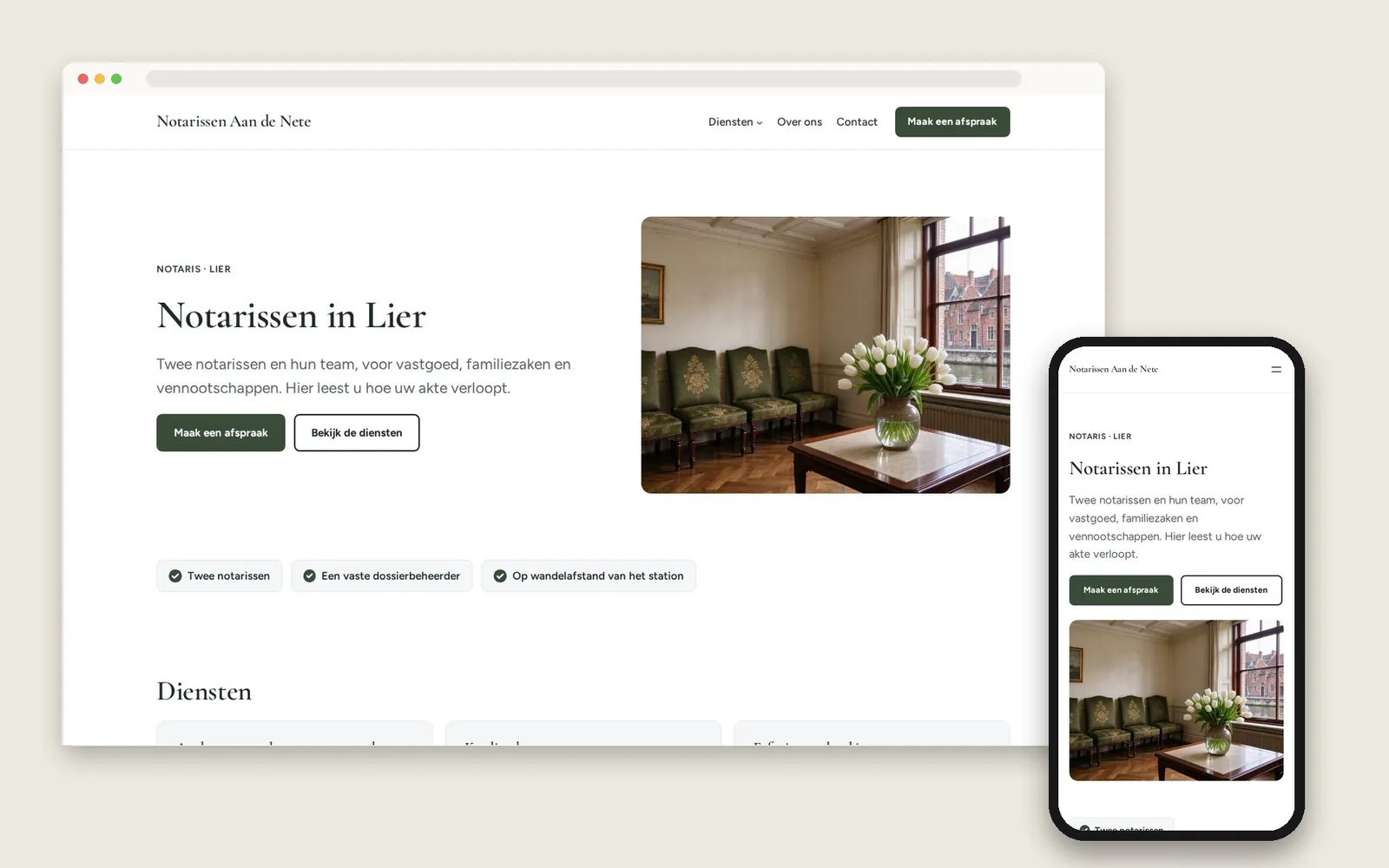 De website van Notarissen Aan de Nete op computer en gsm