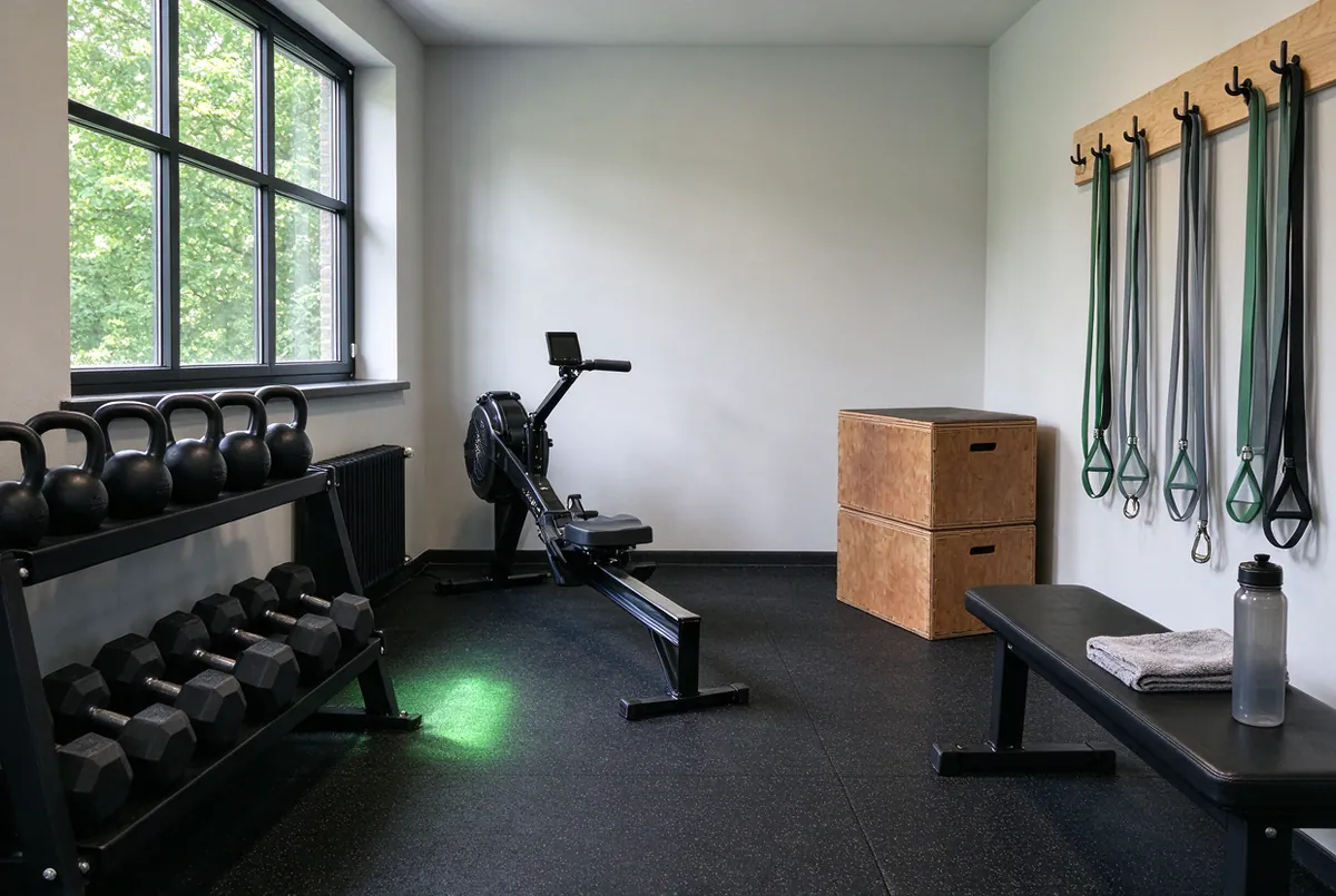 Kleine trainingsstudio met kettlebells en een roeitoestel