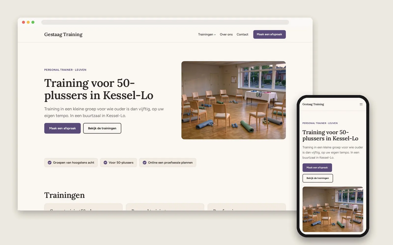 De website van Gestaag Training op computer en gsm