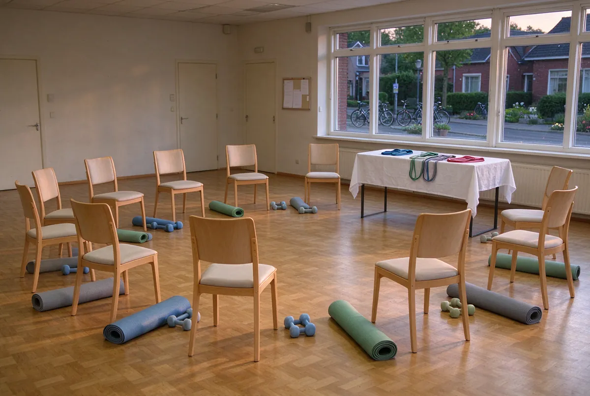 Buurtzaal met stoelen, gewichtjes en matten