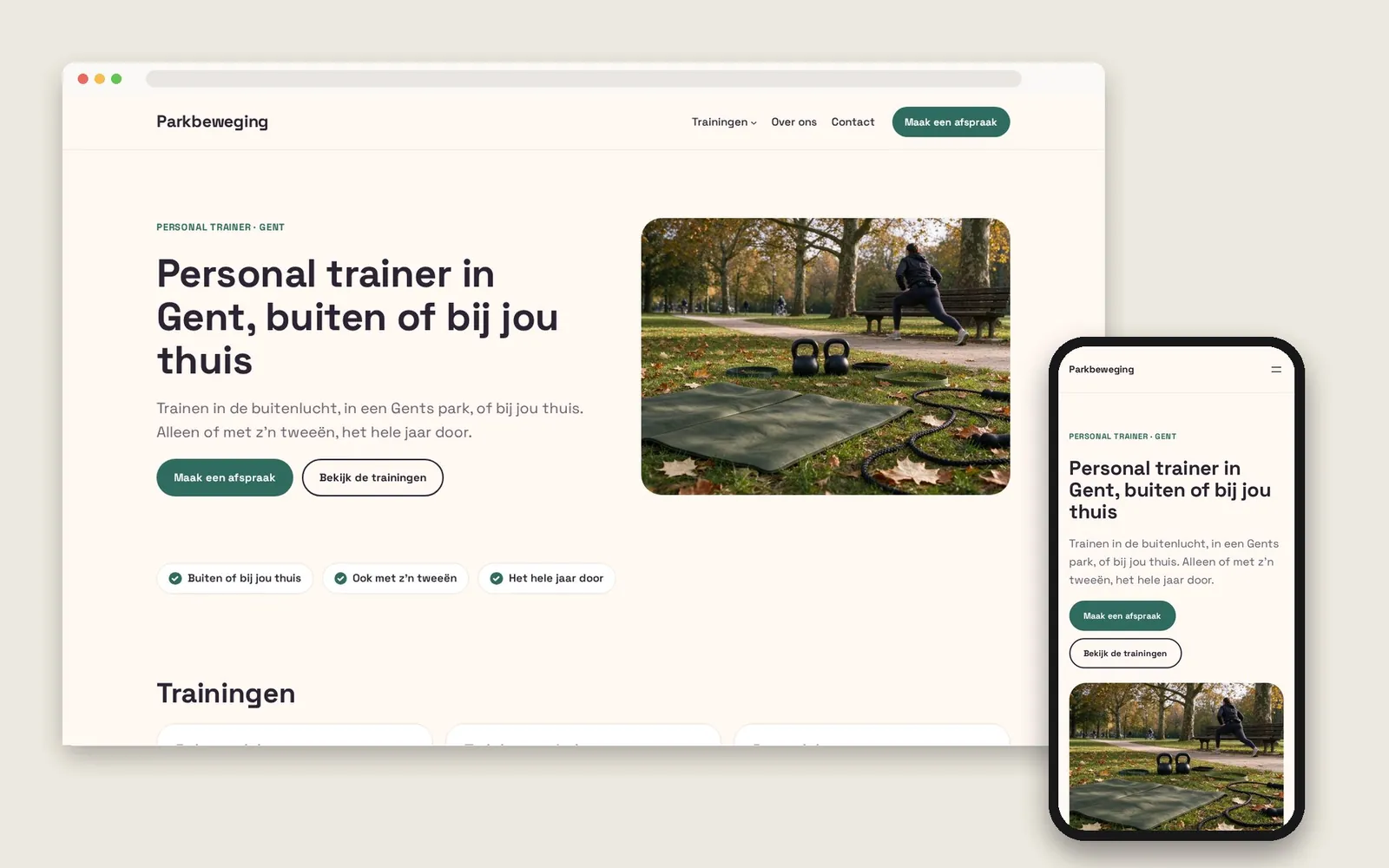 De website van Parkbeweging op computer en gsm