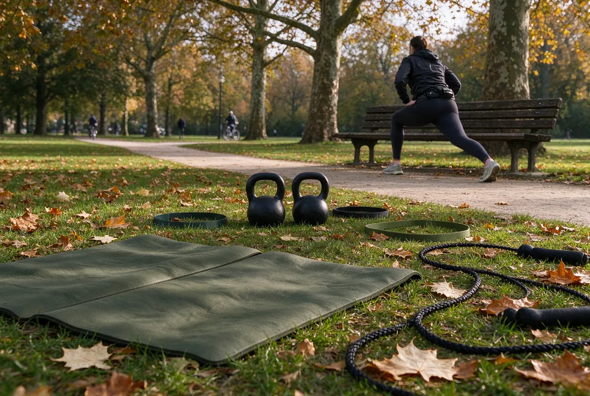Trainingsmateriaal op het gras in een stadspark