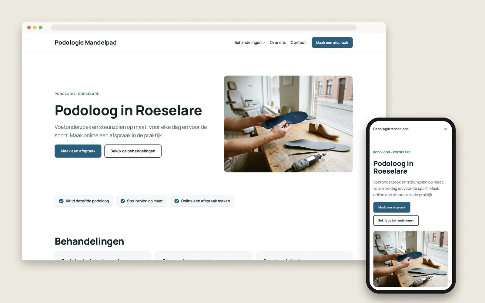 De website van Podologie Mandelpad op computer en gsm