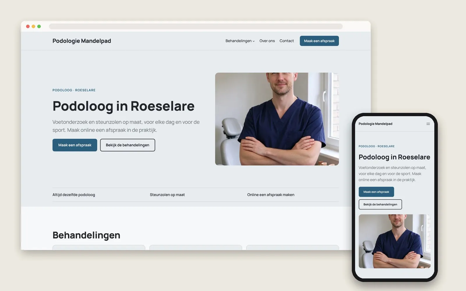De website van Podologie Mandelpad op computer en gsm