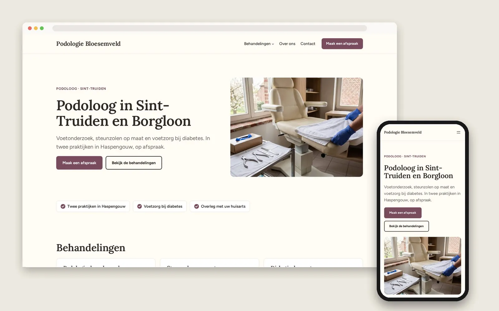De website van Podologie Bloesemveld op computer en gsm