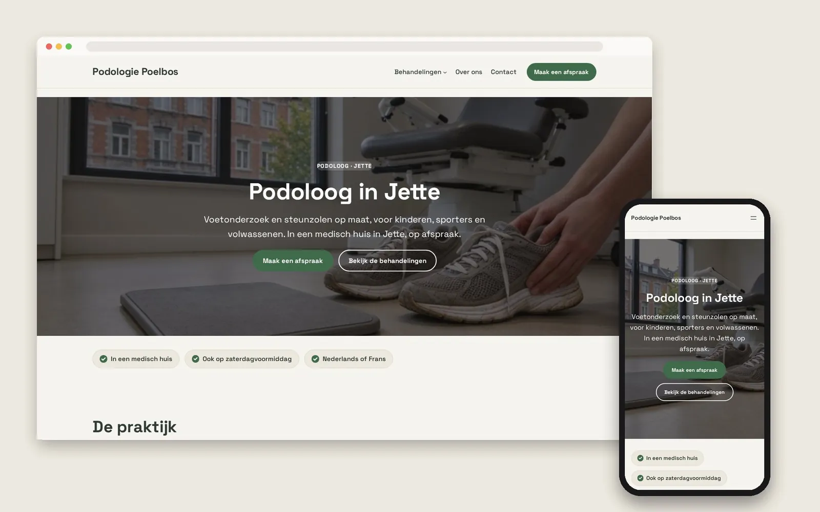De website van Podologie Poelbos op computer en gsm