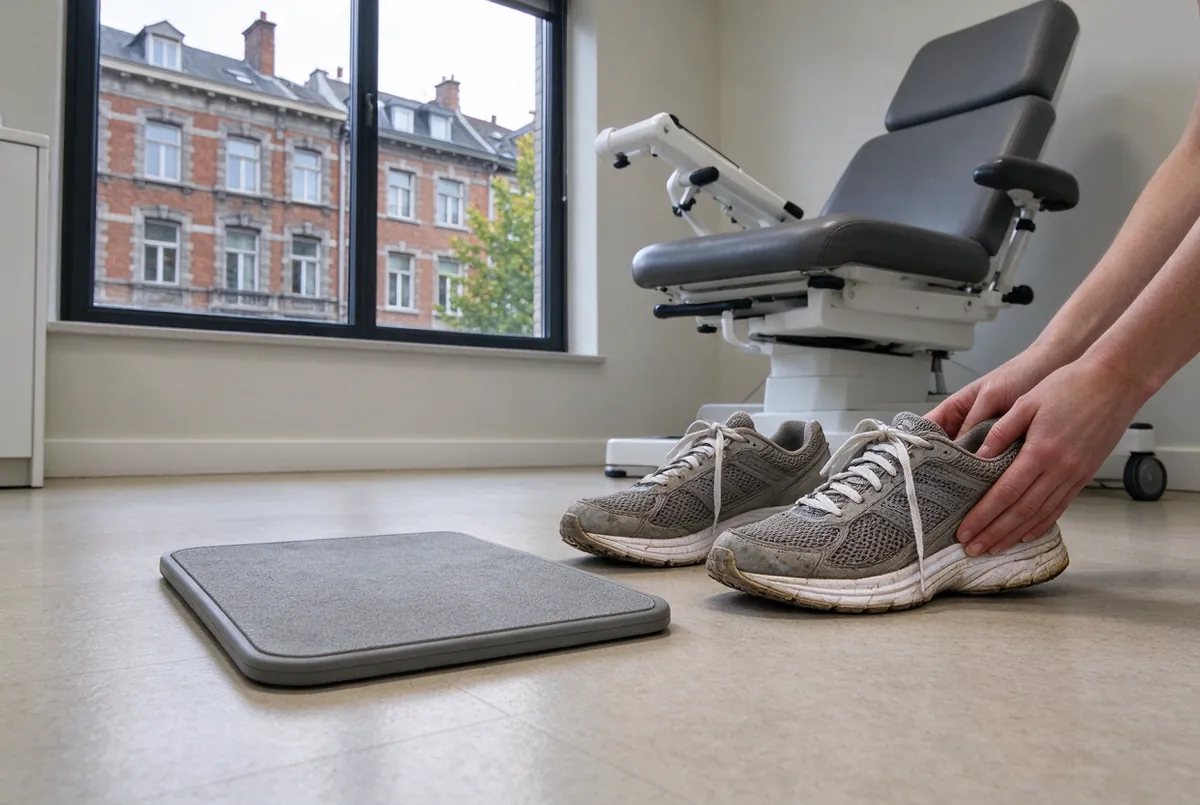 Consultatieruimte met loopschoenen naast een drukplaat