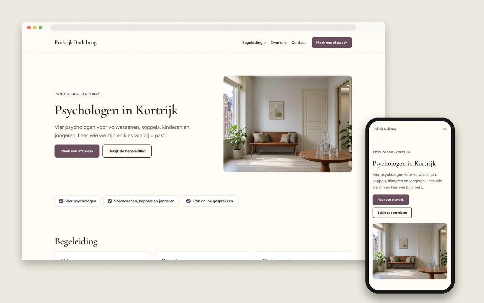 De website van Praktijk Budabrug op computer en gsm