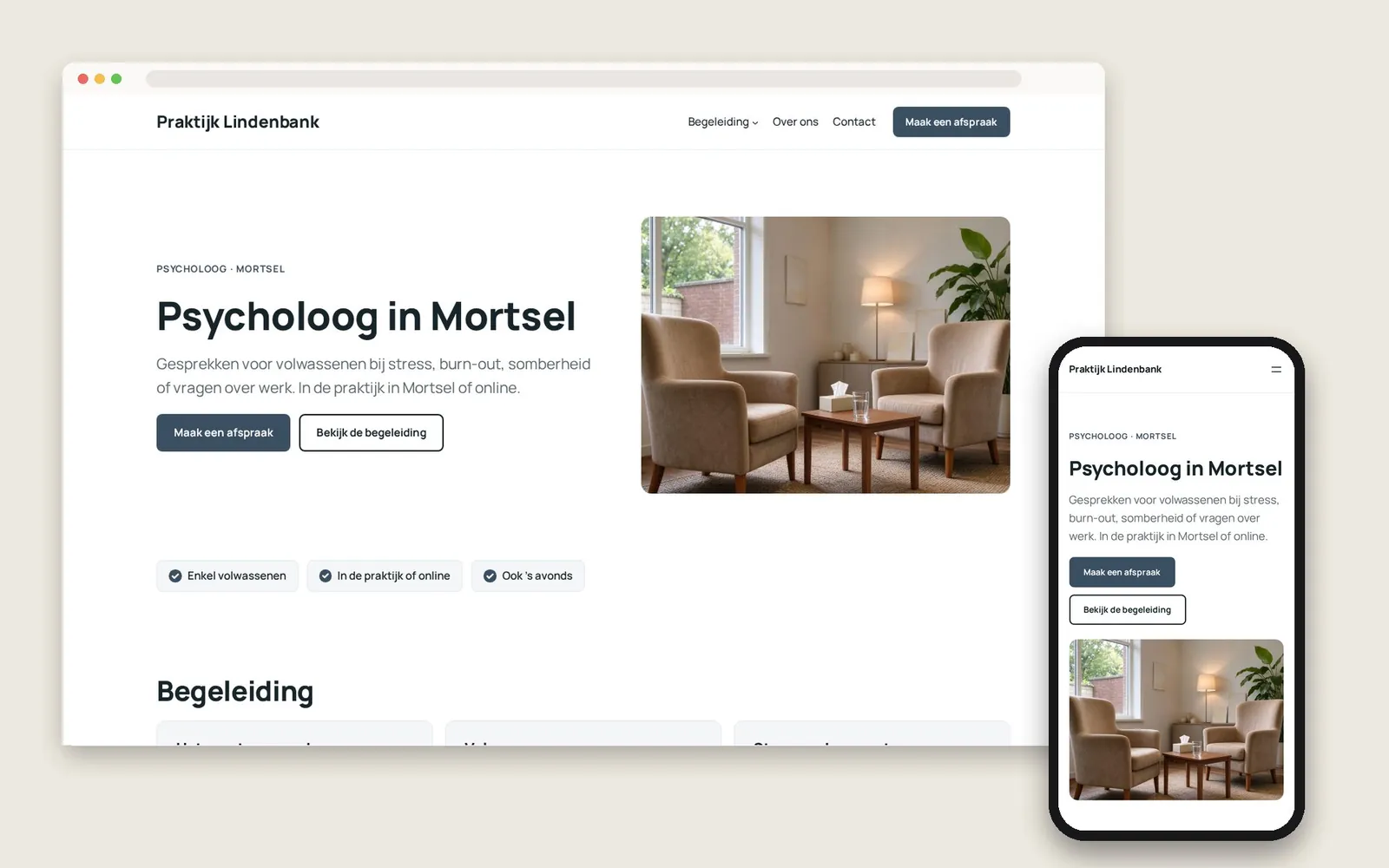 De website van Praktijk Lindenbank op computer en gsm