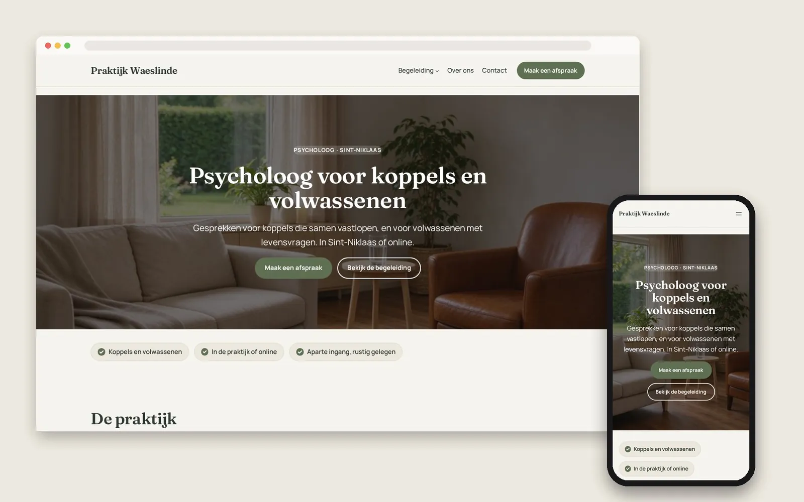 De website van Praktijk Waeslinde op computer en gsm